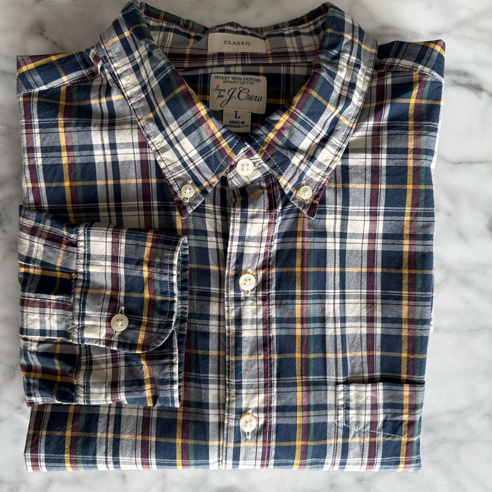 J. Crew Plaid Button-Down Shirt in Navy, White, Yellow & Burgundy